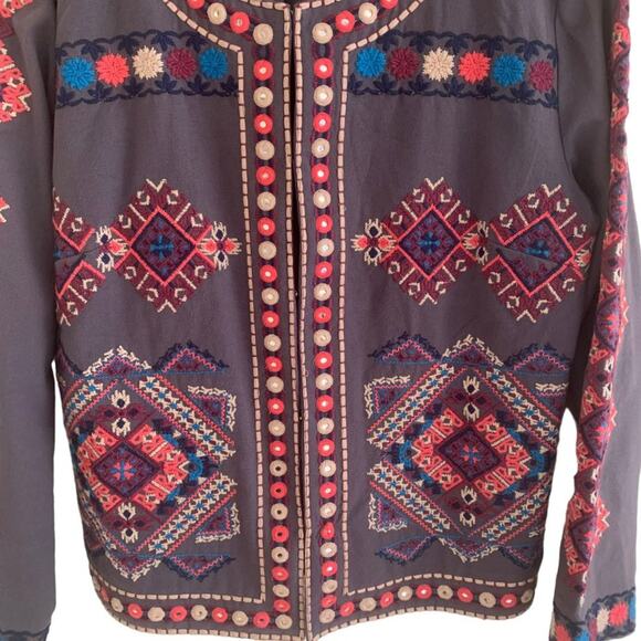 Indigo Moon Womens Sz L Hand Embordered Grey, Beige, Pink, Blue Jacket - Picture 4 of 11